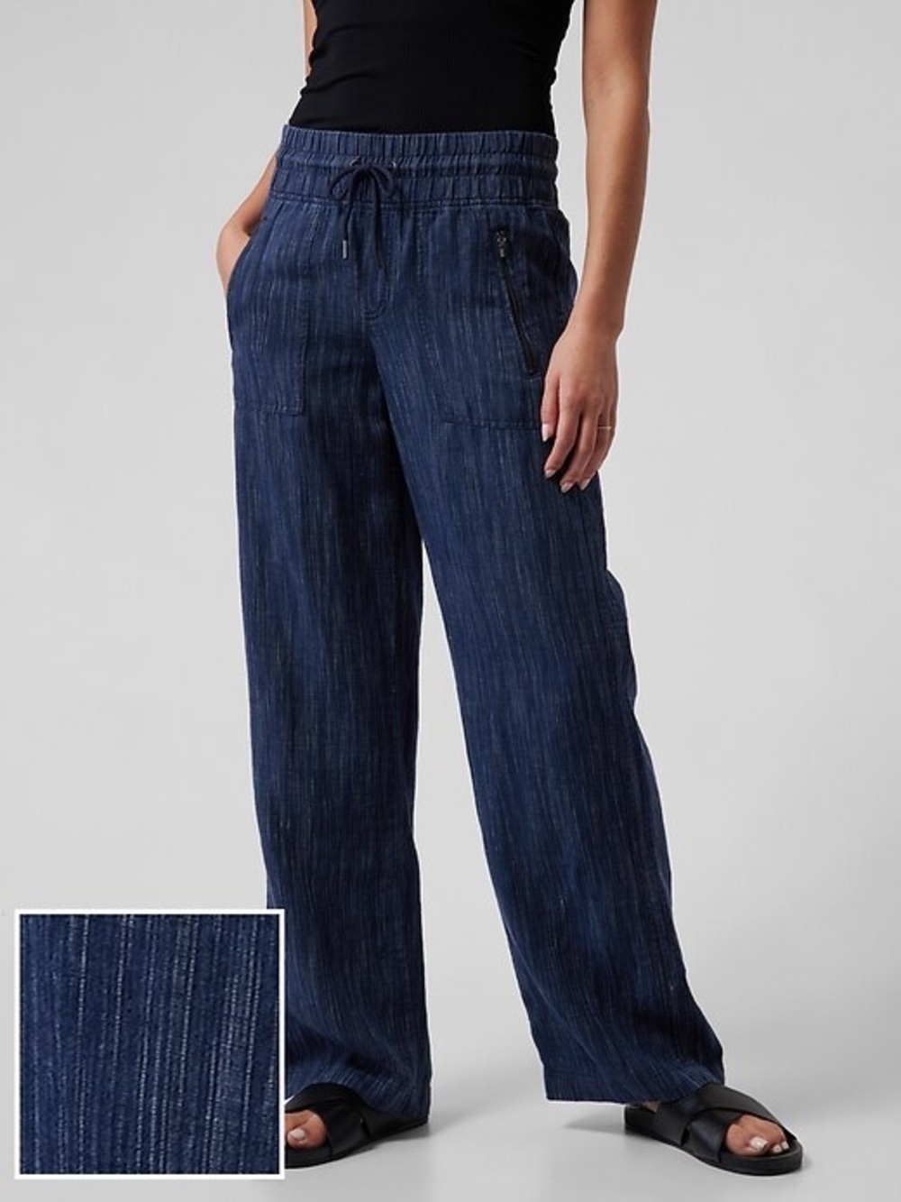 Athleta Navy Blue Wide-Leg Linen Textured Pant